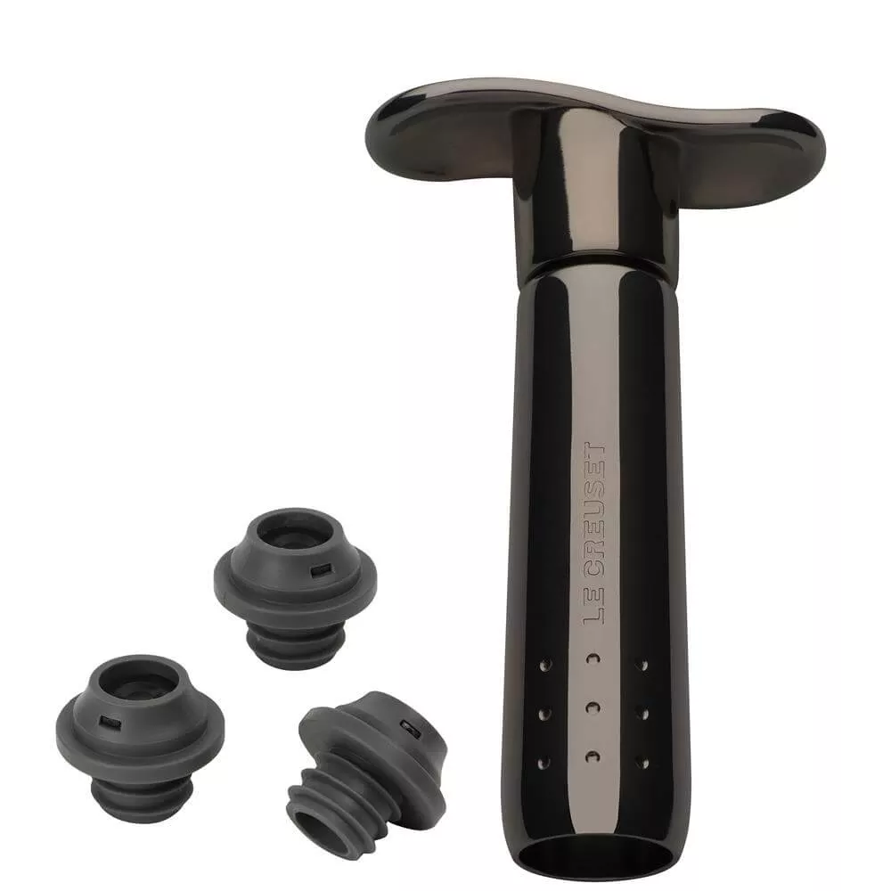 Le Creuset WA-137 Black Nickel Metal Wine Pump and 3 Stoppers 
